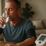 Muž pije vodu a kontroluje krvný tlak s prístrojom