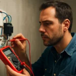 Muž meria elektrické obvody pomocou multimetra.