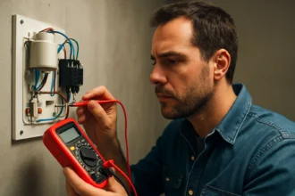 Muž meria elektrické obvody pomocou multimetra.