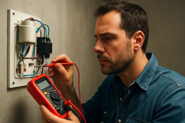 Muž meria elektrické obvody pomocou multimetra.