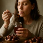 Žena degustuje gaštanový med zo sklenenej nádoby s gaštanmi na stole.