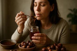 Žena degustuje gaštanový med zo sklenenej nádoby s gaštanmi na stole.