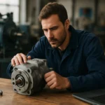 Technik skúma hydromotor na pracovnom stole