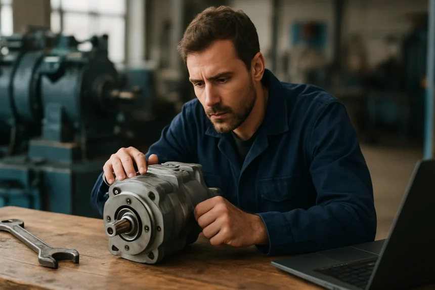 Technik skúma hydromotor na pracovnom stole