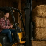 Muž riadi vysokozdvižný vozík s balíkmi sena v stodole.