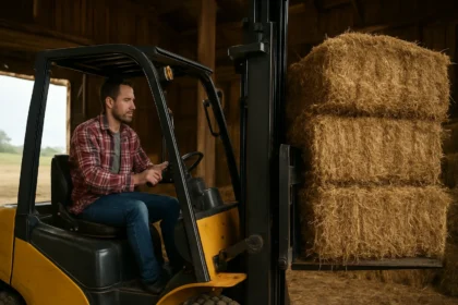 Muž riadi vysokozdvižný vozík s balíkmi sena v stodole.