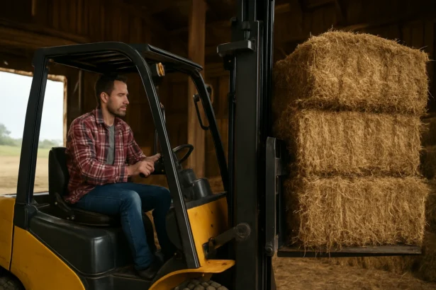 Muž riadi vysokozdvižný vozík s balíkmi sena v stodole.