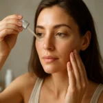 Žena nanášajúca zinok-hyaluronát na pleť