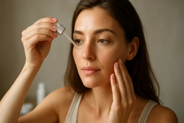 Žena nanášajúca zinok-hyaluronát na pleť