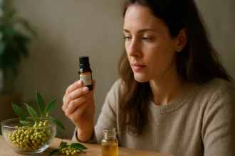 Žena skúma esenciálny olej Litsea cubeba a jeho výhody.