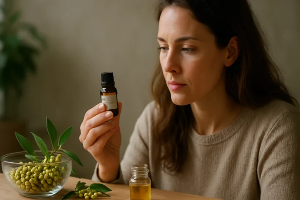 Žena skúma esenciálny olej Litsea cubeba a jeho výhody.