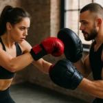 Tréning kickboxu s boxerskými rukavicami v telocvični