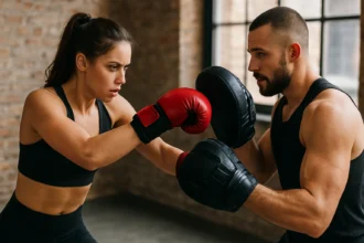 Tréning kickboxu s boxerskými rukavicami v telocvični