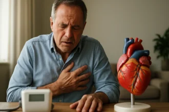 Starší muž trpí bolesťou na hrudi počas merania krvného tlaku