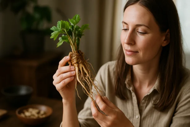 Žena skúma koreň čínskej angeliky, liečivej rastliny.