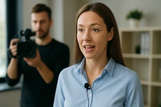 Žena s krčným mikrofónom hovorí pred kamerou.