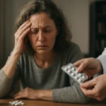 Žena s bolesťou hlavy prijíma lieky od lekára