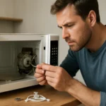 Muž kontroluje motor otočného taniera v mikrovlnke.