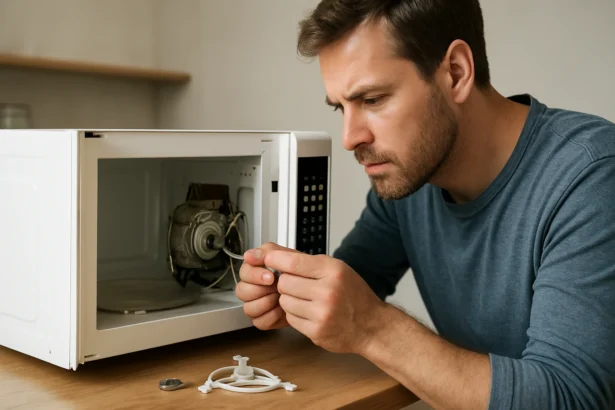 Muž kontroluje motor otočného taniera v mikrovlnke.