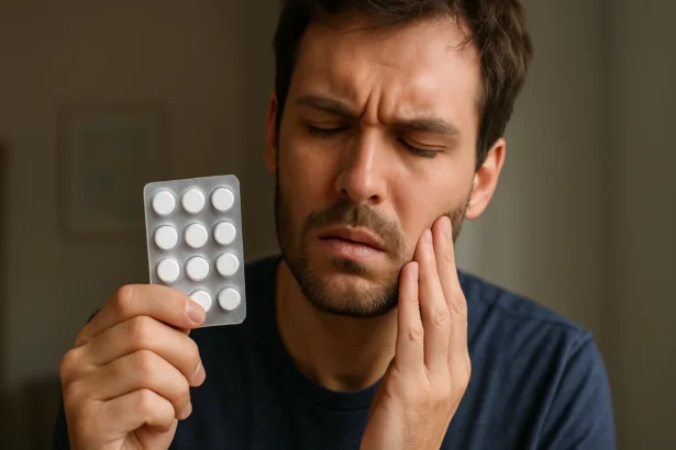 Muž držiaci tabletky a s bolestivým výrazom na tvári.