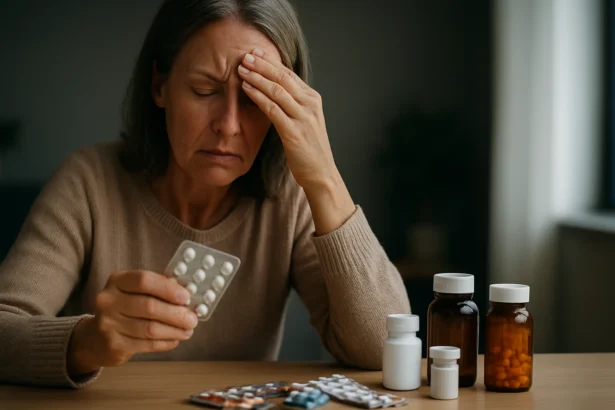 Žena s prešlými liekmi, vyjadruje obavy o ich bezpečnosť.