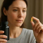 Žena s doplnkom U-vitamínu v ruke, zamýšľa jeho výhody pre zdravie.