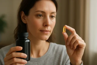 Žena s doplnkom U-vitamínu v ruke, zamýšľa jeho výhody pre zdravie.