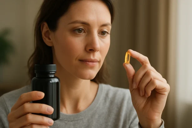 Žena s doplnkom U-vitamínu v ruke, zamýšľa jeho výhody pre zdravie.