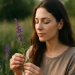 Žena s lúčnou šalviou v prírode, objavuje jej terapeutické účinky.