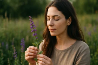 Žena s lúčnou šalviou v prírode, objavuje jej terapeutické účinky.