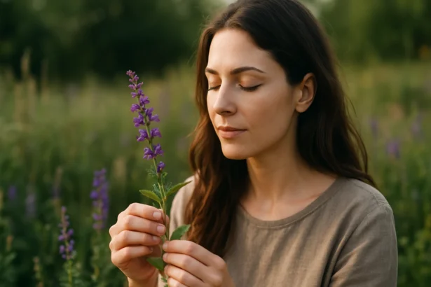 Žena s lúčnou šalviou v prírode, objavuje jej terapeutické účinky.