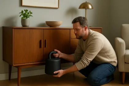 Muž umiestňuje protizávažie na nábytok pre stabilitu a štýlovosť.