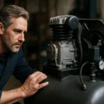 Muž skúma piestový kompresor v dielni