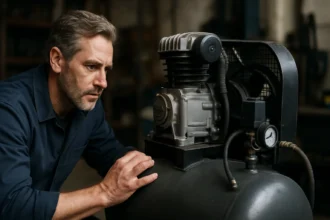 Muž skúma piestový kompresor v dielni