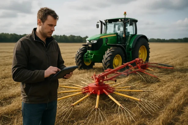Muž používa tablet pri modernom poľnohospodárstve s hviezdicovým hrabačom.