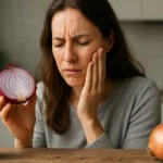 Žena drží cibuľu a drží si tvár od bolesti.