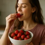 Žena sa chystá zjesť čerstvú jahodu z misy plnej ovocia.