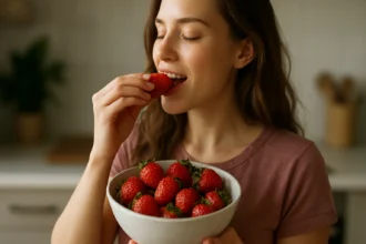 Žena sa chystá zjesť čerstvú jahodu z misy plnej ovocia.