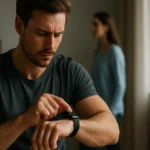 Muž kontroluje inteligentné hodinky v interiéri