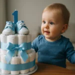 Dieťa oslavuje prvé narodeniny s plienkovou tortou a modrými topánkami.