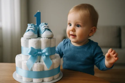 Dieťa oslavuje prvé narodeniny s plienkovou tortou a modrými topánkami.