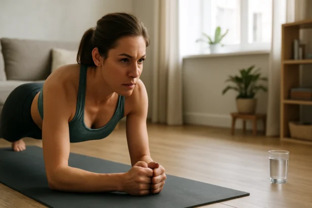 Žena cvičí plankovanie doma na podlahe.