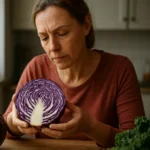 Žena obdivuje červenú kapustu a jej výživové tajomstvá.