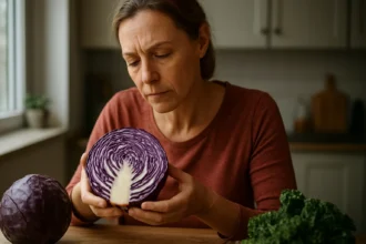 Žena obdivuje červenú kapustu a jej výživové tajomstvá.