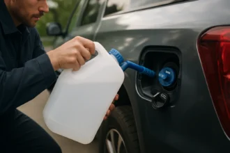 Napĺňanie AdBlue do dieselového motora na zlepšenie ekológie.
