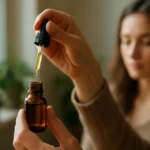 Žena ukazuje na Ezerjófű kvapky s pipetou v ruke.