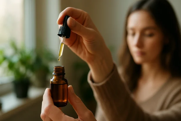 Žena ukazuje na Ezerjófű kvapky s pipetou v ruke.