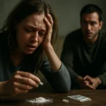 Žena, ktorá bojuje s drogami, a muž, ktorý ju pozoruje.