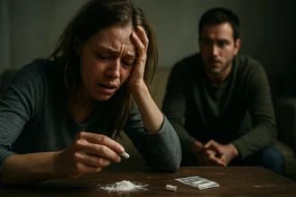 Žena, ktorá bojuje s drogami, a muž, ktorý ju pozoruje.