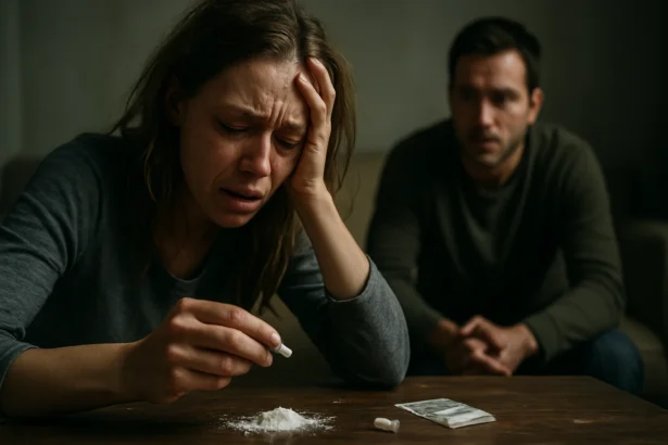 Žena, ktorá bojuje s drogami, a muž, ktorý ju pozoruje.